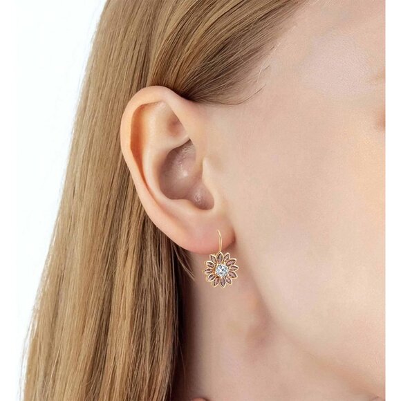 14K Gold Plated Pink Main Crystal Flower Drop Leverback Earrings for Women - Picture 7 of 7